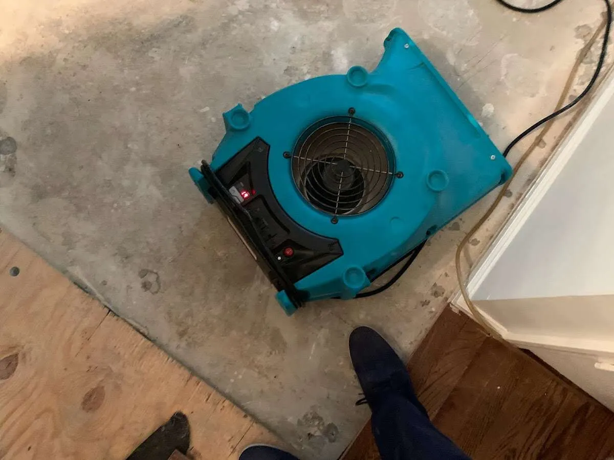 Air mover drying subfloor during Commercial Water Damage Restoration in Iowa Colony